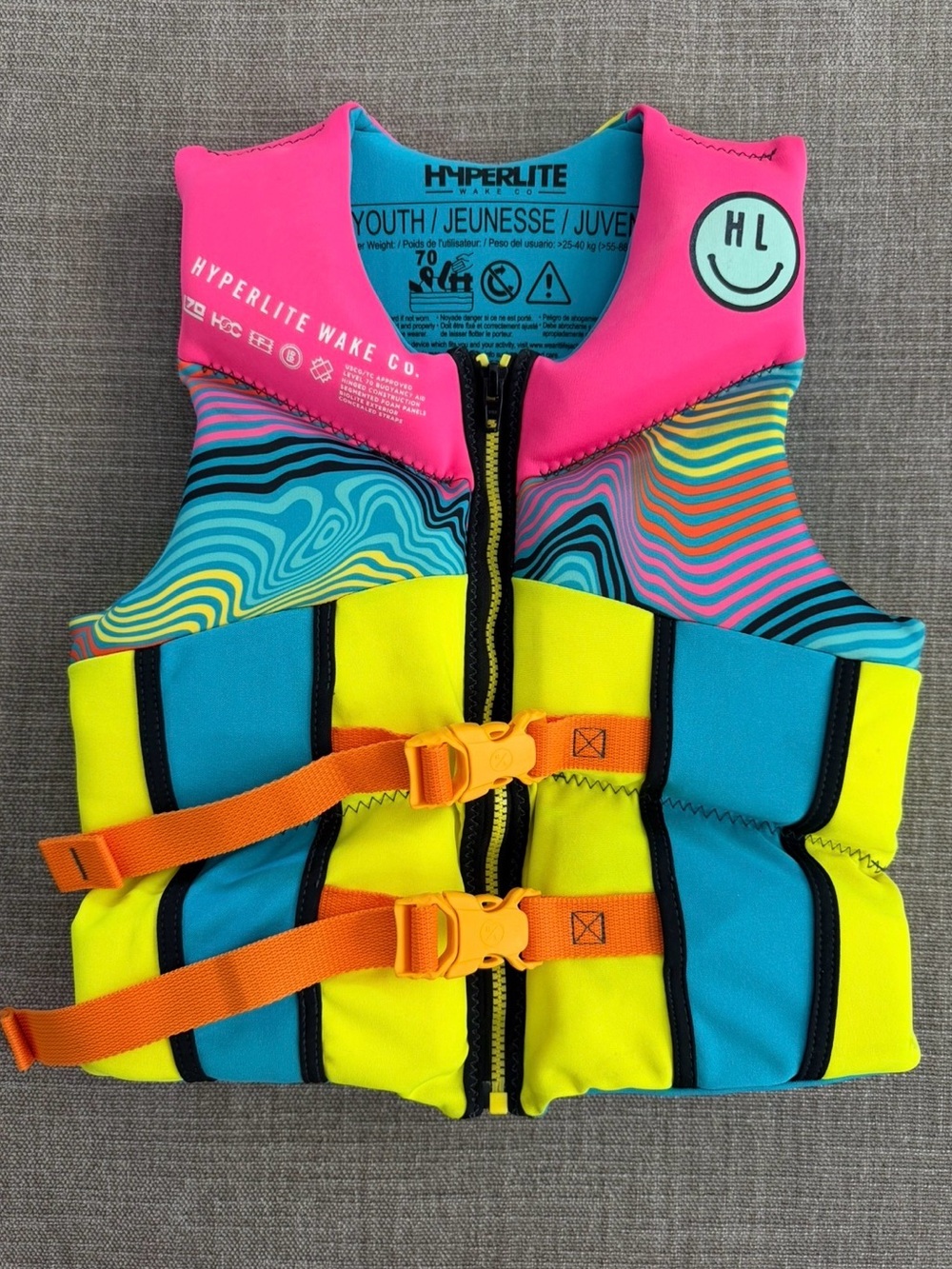 Hyperlite Youth Neoprene Swim Vest Life Jacket - Pink, Yellow & Blue. 55-88 lbs.